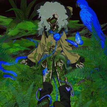 1girl bird black_boots blue_bird blue_butterfly blue_nails boots broken_skin bug butterfly decay dragonfly frilled_shirt frills frog green_hair green_skirt hat highres insect koishi_day komeiji_koishi lizard long_hair long_sleeves nail_polish nature outdoors parrot plant seeker shirt sitting skirt snake solo touhou yellow_shirt