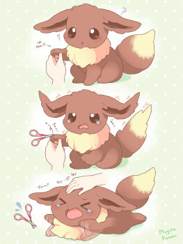 &gt;_&lt; 1other ? blush brown_fur commentary_request disembodied_hand eevee flailing gen_1_pokemon green_background hair_clipper headpat highres motion_lines mugita_konomi nintendo open_mouth pokemon pokemon_(creature) polka_dot polka_dot_background tears