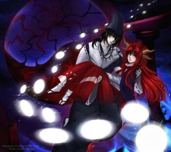 1boy 1girl black_hair cape carrying commentary cryptmyst english_commentary full_body hat highres horns japanese_clothes long_hair long_sleeves medium_hair multiple_persona orb princess_carry red_eyes red_hair shingyoku_(female) shingyoku_(male) shingyoku_(touhou) shirt skirt socks tate_eboshi touhou touhou_(pc-98) white_shirt white_socks yin_yang yin_yang_orb