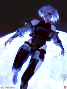 1girl absurdres belt clothing_cutout cyberpunk:_edgerunners cyberpunk_(series) full_body highleg highleg_leotard highres hip_vent igor_sid leotard looking_at_viewer lucy_(cyberpunk) moon short_hair shorts solo white_hair
