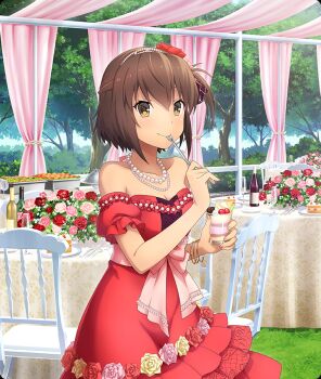 1girl blush bracelet breasts brown_eyes brown_hair cake cake_slice chair champagne_bottle cleavage closed_mouth collarbone cowboy_shot detached_sleeves dot_nose dress eating etou_kanami flower food forest fork fruit game_cg gold_bracelet hair_flower hair_ornament hoop_bracelet jewelry knife looking_at_viewer medium_breasts nature necklace official_art one_side_up parfait pearl_hairband pearl_necklace pink_flower pink_nails pink_rose plate red_dress red_flower red_rose red_sleeves rose short_hair short_sleeves smile solo spoon strapless strapless_dress strawberry table tablecloth third-party_source toji_no_miko toji_no_miko:_kizamishi_issen_no_tomoshibi utensil_in_mouth white_flower white_rose yellow_flower yellow_rose
