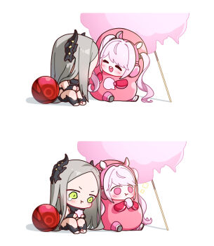 2girls alice_(nikke) animal_ear_headphones animal_ears black_horns black_liquid blush bodysuit breasts chibi commentary core cotton_candy eating fake_animal_ears food food_costume forehead goddess_of_victory:_nikke green_eyes grey_hair headphones highres holding holding_cotton_candy holding_food horns impossible_clothes leviathan_(nikke) liquid_clothes long_hair looking_at_viewer multiple_girls open_mouth pink_bodysuit pink_eyes pink_hair sausage sharing sharing_food skin_tight small_breasts twintails uz_(uzru0428)