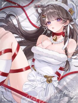 1girl bare_shoulders bow bow_choker breasts brown_hair character_name choker cleavage collarbone commentary_request dated dress fujishima_megumi fur-trimmed_headwear fur_trim happy_birthday hat highres kneehighs large_breasts link!_like!_love_live! long_hair looking_at_viewer love_live! nin_(niyuu_mo9) open_mouth purple_eyes red_bow red_choker red_ribbon ribbon socks solo strapless strapless_dress virtual_youtuber white_dress white_hat white_socks