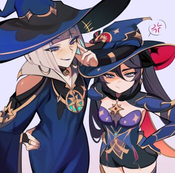 Rule 34 | 2girls, absurdres, angry, barbeloth (genshin impact), black hair, blue eyes, blue eyeshadow, bob cut, breasts, commentary, english commentary, eyeshadow, genshin impact, grey hair, hat, highres, long hair, makeup, memeh, mona (genshin impact), multiple girls, short hair, small breasts, smile, twintails, witch hat