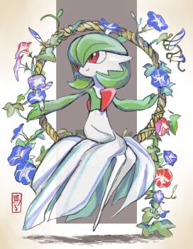 1girl :> blue_flower bob_cut border colored_skin dress flower full_body gardevoir gen_3_pokemon green_hair green_skin grey_background highres looking_to_the_side morning_glory multicolored_skin nintendo oisisabatugun on_swing pokemon pokemon_(creature) red_eyes red_flower short_hair simple_background sitting smile solo swing two-tone_skin white_border white_dress white_skin
