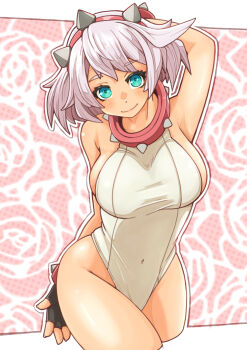 Rule 34 | 1girl, absurdres, aqua eyes, arm behind head, black gloves, bracelet, breasts, collar, covered navel, elphelt valentine, fingerless gloves, gloves, guilty gear, guilty gear strive, hairband, highleg, highleg leotard, highres, jewelry, leotard, looking at viewer, pink collar, pink hair, pink hairband, short hair, sideboob, smile, solo, spiked bracelet, spiked collar, spiked hairband, spikes, sugajyun, thighhighs, white leotard