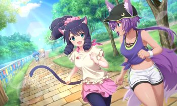 2girls 2others :d animal_ear_fluff animal_ears artist_request bare_shoulders baseball_cap black_hat blue_eyes blue_hair blue_pantyhose blue_shirt blue_sky bracelet cat_ears cat_girl cat_tail cloud cowboy_shot cyan_(show_by_rock!!) day drill_hair ears_through_headwear fang frilled_shirt frills front-tie_top grass hair_ornament hair_scrunchie hat jewelry lens_flare low_ponytail multiple_girls multiple_others navel official_art open_mouth outdoors pantyhose park pink_skirt ponytail purple_hair ringlets ruhuyu_(show_by_rock!!) running scrunchie shirt short_hair shorts show_by_rock!! skirt sky sleeveless sleeveless_shirt smile sparkle tail third-party_source tree white_shirt white_shorts wolf_ears wolf_girl wolf_tail