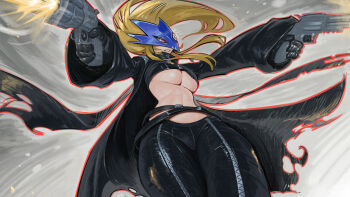 1girl beelstarmon belt black_coat black_gloves black_pants blonde_hair breasts coat digimon digimon_(creature) digimon_story:_time_stranger eye_mask gloves gun highres holding holding_weapon large_breasts long_hair maniwarren mask navel pants solo third_eye underboob weapon