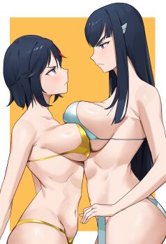 2girls absurdres arms_behind_back asymmetrical_docking bikini black_hair blue_bikini blue_eyes blue_hair blush breast_press breasts frown highres kill_la_kill kiryuuin_satsuki large_breasts long_hair looking_at_another looking_down looking_up matoi_ryuuko medium_breasts medium_hair multicolored_hair multiple_girls navel red_hair siblings sisters size_difference streaked_hair swimsuit t-lex two-tone_hair very_long_hair yellow_bikini
