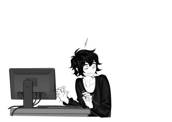 1boy adam&#039;s_apple aierlaobo andrew_graves antenna_hair bags_under_eyes clenched_teeth collarbone commentary computer computer_keyboard cropped_torso desk double-parted_bangs english_commentary green_eyes greyscale hair_between_eyes hands_up high_contrast highres long_sleeves male_focus meta monochrome puffy_long_sleeves puffy_sleeves short_hair simple_background solo spot_color sweater teeth the_coffin_of_andy_and_leyley turning_head white_background wide-eyed