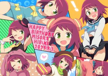 ! &gt;_&lt; 1girl :d :o animal_hood armpits arms_up bare_shoulders beret black_sailor_collar black_shirt black_skirt blue_neckerchief blue_one-piece_swimsuit blush bow bow_swimsuit box brown_hat brown_mittens commentary_request contrast_collar curakuru dated green_eyes green_shorts hat heart-shaped_box highres hood hood_up hoodie incoming_gift long_sleeves looking_at_viewer medium_hair mega_man_(series) mega_man_star_force_(series) midriff_peek miniskirt mittens multiple_views navel neckerchief necktie one-piece_swimsuit open_mouth parted_lips pink_hoodie pleated_skirt rabbit_hood red_hair sailor_collar school_uniform serafuku shirt shorts skirt skirt_tug sleeveless sleeveless_shirt smile sonia_strumm_(mega_man) sweater swimsuit white_shirt white_sweater wind wind_lift xd yellow_bow yellow_necktie