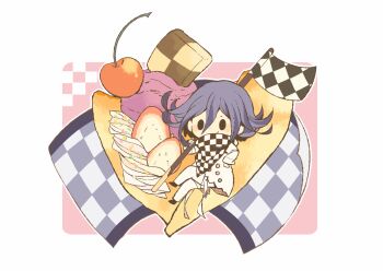 Rule 34 | 1boy, arm belt, banana, banana split, belt, black eyes, black scarf, black shoes, blush stickers, buttons, carrying over shoulder, checkerboard cookie, checkered clothes, checkered scarf, cherry, chibi, closed mouth, commentary request, cookie, crossed legs, danganronpa (series), danganronpa v3: killing harmony, dot nose, double-breasted, dress pants, dress shoes, flag, food, fruit, hair between eyes, hand on own hip, happy, hitofutarai, holding, holding flag, ice cream, jacket, long hair between eyes, long sleeves, looking at viewer, male focus, multicolored buttons, multiple belts, oma kokichi, open belt, outline, oversized food, oversized object, pants, pink background, purple hair, scarf, shoes, short hair, sitting, smile, solid oval eyes, solo, strawberry, strawberry slice, thigh belt, thigh strap, torn clothes, torn jacket, two-tone background, two-tone scarf, whipped cream, white background, white belt, white jacket, white outline, white pants, white scarf