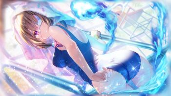 1girl :o alternate_costume ass back blue_fire breasts brown_hair competition_swimsuit eyepatch fire goggles goggles_around_neck heaven_burns_red highres hiiragi_kozue large_breasts looking_back one-piece_swimsuit pink_eyes pool poolside promotional_art swimsuit towel water