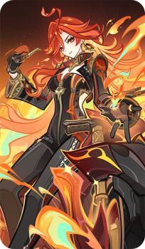 1girl ahoge bad_source biker_clothes bikesuit black_bodysuit black_gloves blonde_hair bodysuit earrings flamestrider_(genshin_impact) genshin_impact gloves hair_between_eyes hand_up holding holding_removed_eyewear jewelry long_hair looking_at_viewer mavuika_(genshin_impact) multicolored_hair offering_hand official_art orange_eyes red_hair smile solo standing strapless_bodysuit sun_earrings sunglasses symbol_in_eye unworn_eyewear very_long_hair