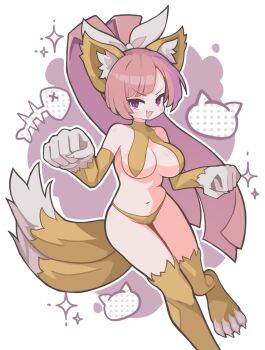 1girl :3 :d blunt_bangs blush breasts cat_girl cat_tail claws cleavage commentary disgaea foot_out_of_frame hair_ribbon highres large_breasts long_hair looking_at_viewer multiple_tails navel nekomata nekomata_(disgaea) open_mouth panties pink_hair purple_eyes ribbon smile solo suaman tail thighhighs two_tails underwear v-shaped_eyebrows white_ribbon yellow_panties yellow_thighhighs