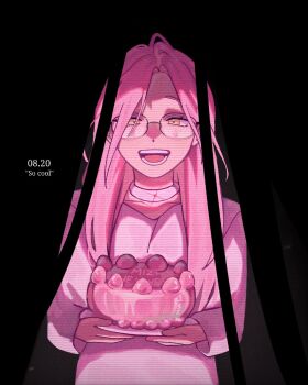 1girl alien_stage aqlenn birthday cake choker commentary dated dress english_commentary english_text food glasses highres holding holding_cake holding_food long_hair long_sleeves mizi_(alien_stage) open_mouth pink_hair signature smile solo white_choker white_dress yellow_eyes