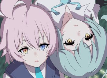 2girls black_gloves blue_archive blue_eyes blue_necktie blue_vest collared_shirt gloves green_hair hair_between_eyes halo heterochromia highres hoshino_(blue_archive) multiple_girls necktie open_mouth pink_hair pink_halo shirt su_gyoza upside-down vest white_shirt yellow_eyes yellow_halo yume_(blue_archive)