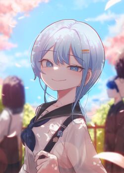 1girl arahashi_tabi blue_eyes blue_hair blue_neckerchief blurry blurry_background bright_pupils charm_(object) cherry_blossoms collarbone commentary_request falling_petals fence from_side hair_ornament hairclip highres holding_strap korean_commentary looking_at_viewer multicolored_hair narrowed_eyes nature neckerchief parallel_hairclips people petals school_uniform seongda serafuku shirt sidelocks smile stellive strap streaked_hair sunlight tree_shade uneven_eyes white_shirt wind