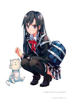 1girl :o animal backpack bag black_eyes black_hair cat full_body highres neko ponkan_8 ribbon school_uniform shoes skirt squatting thighhighs white_background yahari_ore_no_seishun_lovecome_wa_machigatteiru. yukinoshita_yukino