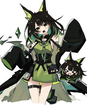 &gt;_&lt; 1girl :d arknights arm_up bare_shoulders belt belt_buckle black_belt black_coat black_hair black_sash blush buckle chibi chibi_inset coat colored_inner_hair commentary_request crystal dress emoji fangs green_dress green_eyes green_hair hand_up highres ikhlh2 looking_at_viewer material_growth medium_hair mon3tr_(arknights) multicolored_hair off_shoulder open_mouth oripathy_lesion_(arknights) pouch sash short_dress simple_background skin_fangs sleeveless sleeveless_dress sleeves_past_fingers sleeves_past_wrists smile solo standing thigh_belt thigh_strap white_background