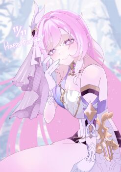 1girl absurdres bare_shoulders black_shorts breasts commentary corset diamond-shaped_pupils diamond_(shape) elysia_(herrscher_of_human:_ego)_(honkai_impact) elysia_(honkai_impact) english_commentary fuka_(_ilouxs2) gloves highres honkai_(series) honkai_impact_3rd large_breasts long_hair looking_at_viewer pink_hair purple_eyes shorts sitting smile solo symbol-shaped_pupils thighs triquetra veil very_long_hair white_corset white_gloves white_veil