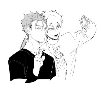Rule 34 | 2boys, cellphone, closed mouth, commentary request, cu chulainn (fate), cu chulainn (fate/stay night), cu chulainn (lancer) (fate), earrings, fate/grand order, fate/stay night, fate (series), fingernails, gilgamesh, gilgamesh (caster) (fate), gilgamesh (fate), hair between eyes, hair ornament, hair tubes, hand up, hands up, holding, holding phone, jewelry, long hair, long sleeves, looking at phone, low ponytail, male focus, monochrome, multiple boys, open mouth, phone, ponytail, puffy long sleeves, puffy sleeves, ryousuke (tukr5384), shirt, short hair, simple background, single hair tube, smartphone, smile, sweater, taking picture, teeth, turtleneck, turtleneck sweater, upper body, v