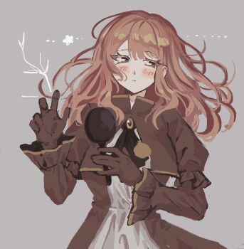 Rule 34 | 1girl, ascot, brooch, brown ascot, brown dress, brown eyes, brown gloves, brown hair, catherine (project moon), dress, floating hair, frilled dress, frills, gloves, gold trim, golden bough (limbus company), grey background, hand mirror, hashtag-only commentary, highres, jewelry, k1ui1, limbus company, mirror, project moon, sidelocks, simple background, solo