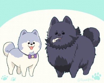 animal_focus animalization black_eyes bone bone_in_mouth bow bowtie commentary_request dog foxvulpine full_body golden_kamuy kiroranke no_humans pomeranian_(dog) purple_bow purple_bowtie shiraishi_yoshitake tongue tongue_out