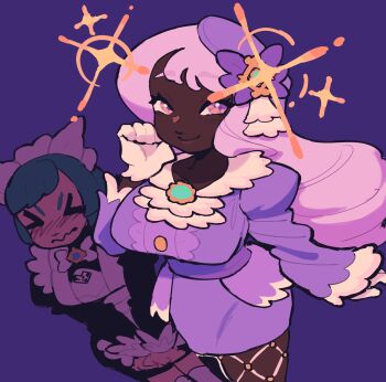 Rule 34 | > <, 2girls, absurdres, apron, ascot, black romper, blush, bow, bowtie, breasts, closed eyes, commentary, cowboy shot, dark-skinned female, dark skin, dress, english commentary, fascinator, fishnet pantyhose, fishnets, frilled ascot, frills, glint, gloves, green hair, hair ornament, hand up, highres, jacinthe (pokemon), juliet sleeves, large breasts, lebanne (pokemon), long hair, long sleeves, looking at viewer, low drills, maid, maid apron, maid headdress, master and servant, multiple girls, nintendo, pantyhose, pokemon, pokemon legends: z-a, puffy sleeves, purple dress, purple eyes, purple hair, romper, smile, solo focus, sparkle, splatin2, v-shaped eyebrows, v arms, very dark skin, wavy mouth, white bow, white bowtie, white gloves