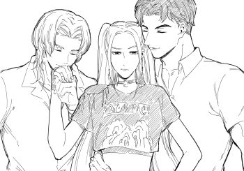 Rule 34 | 1girl, 2boys, abby (kpop demon hunters), choker, closed eyes, closed mouth, crop top, earrings, fingerless gloves, gloves, greyscale, hand on own hip, hashtag-only commentary, holding hands, jewelry, kpop demon hunters, m39sb, medium hair, mira (kpop demon hunters), monochrome, multiple boys, romance (kpop demon hunters), short hair, sidelocks, simple background, upper body