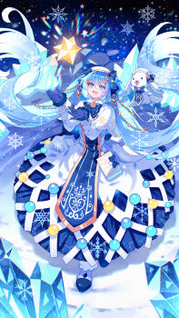 1girl 1other absurdres beret blue_bow blue_dress blue_eyes blue_gloves blue_hair boots bow braid capelet dress dutch_angle full_body fur-trimmed_boots fur-trimmed_capelet fur_trim gloves gold_trim hair_bow hair_ornament hairclip hat hatsune_miku highres hoop_skirt ice_shard jumping lamppost light_bulb_hair_ornament long_hair miku_day night night_sky outdoors rabbit rabbit_yukine river sky small_stellated_dodecahedron smile snow snowflake_print snowflakes snowing standing tabard twintails very_long_hair viclim-monou vocaloid white_capelet white_dress yuki_miku yuki_miku_(2021)