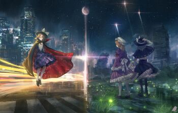 3girls artist_logo black_hat black_socks blonde_hair blouse brown_hair cape capelet city crosswalk dress fireflies floating from_behind full_moon glasses grass hand_on_headwear hand_on_own_chest hands_in_opposite_sleeves hat hat_ribbon highres holding_hands kimi_no_na_wa. kneehighs levitation light_trail logo looking_at_viewer maribel_hearn mob_cap moon multiple_girls night outdoors pantyhose parody patterned_clothing plaid_clothes plaid_dress puddle purple_dress ribbon ribbon-trimmed_capelet ribbon_trim ruins runes school_uniform shirt shooting_star short_hair signature skirt skirt_set sky socks split_screen star_(sky) starry_sky stream touhou usami_renko usami_sumireko white_legwear white_shirt wide_sleeves you_(shimizu)
