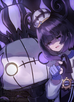 1girl arched_crown black_dress blunt_bangs chandelure coat commentary_request crown dress gen_5_pokemon gloves gwynn_(pokemon) highres long_sleeves looking_at_viewer mega_chandelure mega_pokemon nintendo open_mouth partially_fingerless_gloves pokemon pokemon_(creature) pokemon_legends:_z-a purple_eyes purple_gloves purple_hair short_hair thealla1024 upper_body white_coat