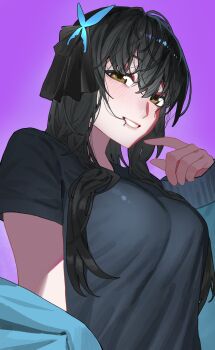 Rule 34 | 1girl, absurdres, alternate costume, aqua jacket, black hair, black shirt, blue butterfly, blush, breasts, brown eyes, bug, butterfly, butterfly hair ornament, commentary, girls' frontline, hair ornament, highres, insect, izaru 31, jacket, long hair, lunasia (girls' frontline), off shoulder, open clothes, open jacket, open mouth, pointing, pointing at self, purple eyes, shirt, simple background, smile, solo, t-shirt, teeth, upper body
