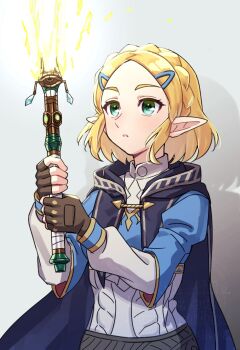 1girl aqua_eyes black_cape blonde_hair blue_shirt braid brown_gloves cape crown_braid fingerless_gloves gloves gold_trim grey_background highres holding holding_weapon hyrule_warriors:_age_of_imprisonment looking_at_object nintendo parted_lips pointy_ears princess_zelda shadow shinae shirt short_hair solo the_legend_of_zelda the_legend_of_zelda:_tears_of_the_kingdom upper_body weapon