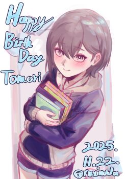 1girl absurdres bang_dream! bang_dream!_it&#039;s_mygo!!!!! blue_hoodie blue_shorts blush brown_eyes closed_mouth commentary dated grey_hair happy_birthday highres hood hood_down hoodie long_sleeves looking_at_viewer rushinada short_hair shorts solo takamatsu_tomori