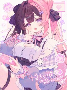 1girl :3 :d bandaid bandaid_on_hand black_skirt blush bow bowtie breasts brown_hair cleavage cleavage_cutout clothing_cutout collared_shirt commentary_request commission cowboy_shot frilled_skirt frills hair_intakes hair_ornament hair_ribbon hand_up heart_cutout highres jacket komomo_(2899) large_breasts long_sleeves looking_at_viewer miniskirt multicolored_hair open_mouth original pink_bow pink_bowtie pink_hair pleated_skirt purple_jacket ribbon shirt skeb_commission skirt sleeve_bow smile solo split-color_hair thigh_strap twintails two-tone_hair white_shirt x_hair_ornament