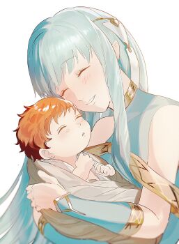 1boy 1girl baby baby_carry bare_shoulders blue_dress blue_hair blush carrying carrying_baby carrying_person closed_eyes commentary dress fire_emblem fire_emblem:_the_binding_blade fire_emblem:_the_blazing_blade hair_ribbon happy_tears highres long_hair mimummom mother_and_child mother_and_son ninian_(fire_emblem) nintendo open_mouth orange_hair parent_and_child ribbon roy_(fire_emblem) short_hair smile tears untranslatable_commentary upper_body very_long_hair white_background white_ribbon