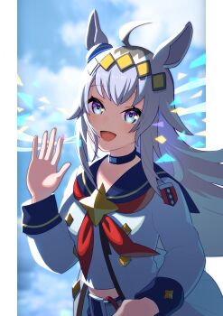 Rule 34 | 1girl, :d, absurdres, ahoge, animal ears, black choker, blue eyes, blue sailor collar, blurry, blurry background, choker, commentary request, diamond hairband, dot nose, ear ornament, grey hair, hand up, highres, horse ears, horse girl, jacket, kakawa, long hair, looking at viewer, neckerchief, oguri cap (starlight beat) (umamusume), oguri cap (umamusume), open mouth, outdoors, outside border, patch, pillarboxed, red neckerchief, sailor collar, shapes, shoulder patch, sidelighting, sidelocks, sky, sleeve cuffs, smile, solo, sparkling eyes, studs, umamusume, upper body, very long hair, waving, white jacket