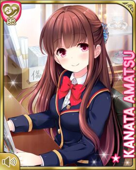 1girl amatsu_kanata bow bowtie brown_hair brown_shoes card_(medium) character_name full_body girlfriend_(kari) hair_ornament jacket loafers long_hair miniskirt official_art qp:flapper red_bow red_bowtie red_eyes red_skirt school_uniform scrunchie shirt shoes skirt smile solo standing thighhighs thighs
