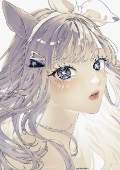 +_+ 1girl almond_eye_(umamusume) animal_ears artist_name blunt_bangs commentary gi!_(desukaru02518_u) hair_ornament hair_ribbon hairclip highres horse_ears horse_girl lips long_hair looking_at_viewer parted_lips portrait ribbon solo sparkle umamusume