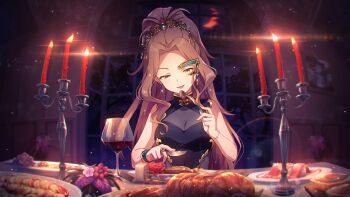 1girl alcohol anime_coloring armband banquet bracelet bread breasts brown_hair candelabra candle candlelight candlestand cleavage crescent_moon cup curtained_hair cutlery dinner distortion dress drinking_glass earrings eye_mask fish_(food) food fork game_cg gem glass glint gold gold_mask green_eyes green_gemstone green_mask hair_ornament half_eye_mask high_collar high_ponytail holding holding_fork idolmaster idolmaster_million_live! idolmaster_million_live!_theater_days image_warping indoors jewelry knife long_hair mask meat moon night nikaido_chizuru official_art on_plate painting_(object) plant plate ponytail red_candle red_moon ring see-through_cleavage see-through_clothes see-through_dress sky sleeveless sleeveless_dress table_knife third-party_source toasting_(gesture) tree vegetable very_long_hair wide_ponytail window wine wine_glass wristband