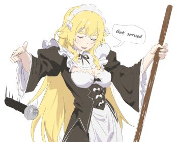 1girl blonde_hair bow_hairband breasts broom butterchalk cleavage commentary english_commentary frederica_baumann hair_between_eyes hairband holding holding_broom large_breasts long_hair long_sleeves maid maid_headdress mic_drop open_mouth re:zero_kara_hajimeru_isekai_seikatsu roswaal_mansion_maid_uniform sharp_teeth solo teeth thick_eyebrows very_long_hair white_background