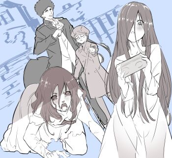 1boy 3girls blush ghost greyscale hair_between_eyes hair_over_one_eye hat highres long_hair monochrome multiple_girls niko_(tama) open_mouth sadako_vs._kayako saeki_kayako see-through_clothes skirt the_grudge the_ring very_long_hair yamamura_sadako