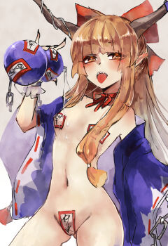 1girl alcohol blonde_hair bow brown_eyes chain choker commentary_request cowboy_shot fangs frilled_wrist_cuffs frills gluteal_fold gourd grey_background highres holding holding_gourd horns ibuki_suika kasahara_udori long_hair looking_at_viewer maebari navel nude ofuda ofuda_on_nipples ofuda_on_pussy pasties pointy_ears pouring pouring_onto_self purple_shirt pyramid_(geometry) red_bow red_ribbon ribbon ribbon_choker sake shirt solo tongue tongue_out touhou wrist_cuffs