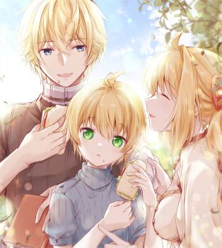 1girl 2boys blonde_hair blue_eyes book breasts day family father_and_son fiora_(xenoblade) food food_bite green_eyes hair_between_eyes highres holding holding_book medium_breasts mother_and_son multiple_boys nikol_(xenoblade) outdoors sandwich shulk_(xenoblade) smile turtle ui_frara upper_body xenoblade_chronicles_(series) xenoblade_chronicles_3 xenoblade_chronicles_3:_future_redeemed