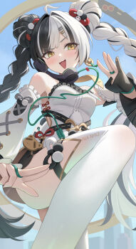 1girl :d absurdres black_gloves blue_sky braid breasts commentary_request day detached_sleeves dialyn_(zenless_zone_zero) double_bun gloves hair_bun highres jewelry keikei_(kitty_colors) multicolored_hair open_mouth outdoors partially_fingerless_gloves ring sky small_breasts smile solo thighhighs twin_braids two-tone_hair white_sleeves white_thighhighs yellow_eyes zenless_zone_zero