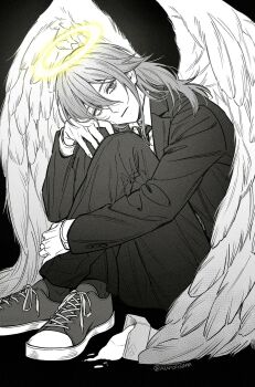 1boy angel angel_devil_(chainsaw_man) angel_wings black_jacket black_necktie black_suit business_suit chainsaw_man feathered_wings formal_clothes glowing glowing_halo halo highres jacket kuroiisana monochrome necktie shirt_tucked_in solo suit suit_jacket traditional_halo wings