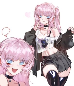 Rule 34 | 1girl, absurdres, alternate hairstyle, black bra, black choker, black jacket, black nails, black skirt, black thighhighs, blue eyes, blunt bangs, bra, breasts, chain, choker, closed mouth, colored eyelashes, commentary, copyright name, cowboy shot, crop top, fang, fang out, foolish potato, hands up, heart, highres, jacket, legs together, long hair, long sleeves, looking at viewer, medium breasts, multiple views, nail polish, nanakusa nazuna (yofukashi no uta), off shoulder, open clothes, open jacket, open mouth, pendant choker, pink hair, pleated skirt, puff of air, puffy long sleeves, puffy sleeves, ringed eyes, see-through clothes, see-through shirt, shiny clothes, shirt, simple background, skirt, sleeves past wrists, smile, standing, symbol-only commentary, thick eyelashes, thighhighs, two side up, underwear, very long fingernails, white background, white shirt, yofukashi no uta