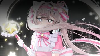 1girl amagami_amane_(vtuber) animal_ears black_eyes blue_eyes bow bowtie bright_pupils brown_hair cat_ears cat_girl commentary_request commission covered_mouth floating_hair gloves gradient_hair hair_intakes hairband heterochromia highres holding holding_wand indie_virtual_youtuber komor_yuki long_hair looking_at_viewer magical_girl multicolored_bow multicolored_hair pink_bow pink_hair pink_hairband second-party_source short_sleeves solo star-shaped_pupils star_(symbol) star_wand symbol-shaped_pupils tearing_up twintails two-tone_bow upper_body virtual_youtuber wand watermark white_bow white_gloves